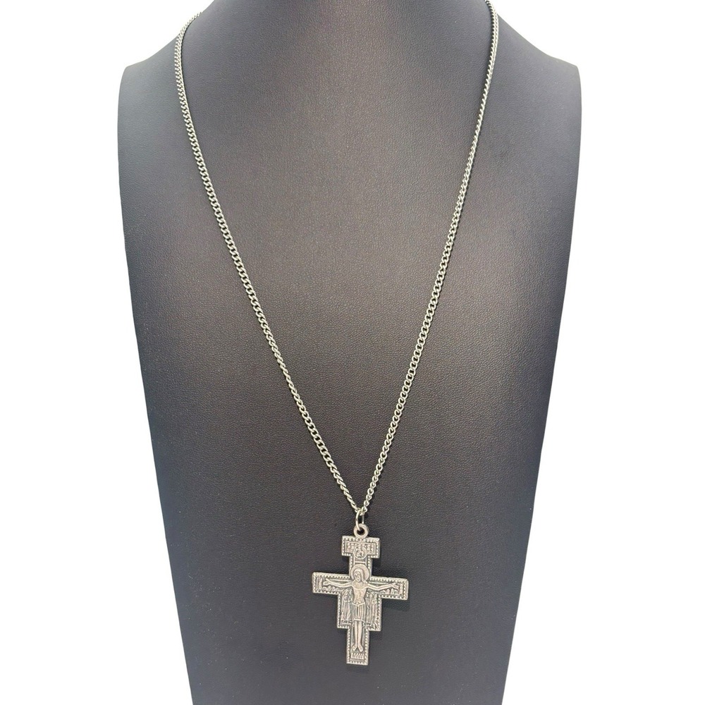 Vintage Italy Silver Tone Etched San Damiano Crucifix Christian Cross Necklace - Picture 1 of 9